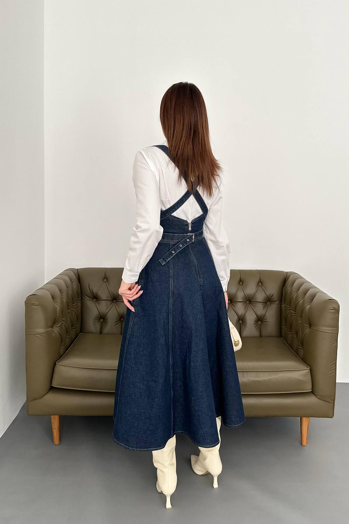 Toptan Mavi Midi Boy Bantlı Kot Elbise