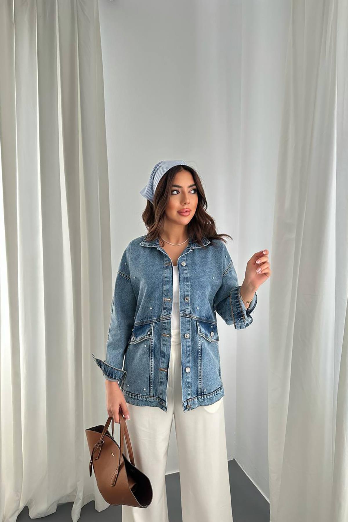 Toptan Mavi Taşlı Kot Ceket Mavi M