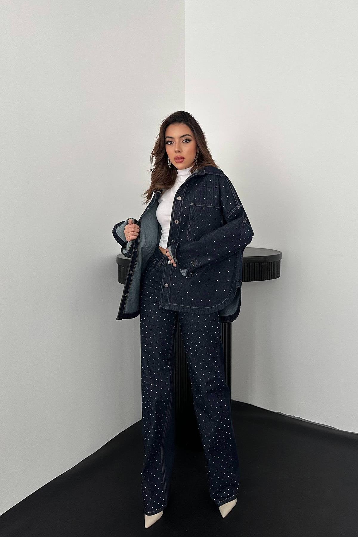 Toptan Mavi Taşlı Kot Gömlek Pantolon Takım