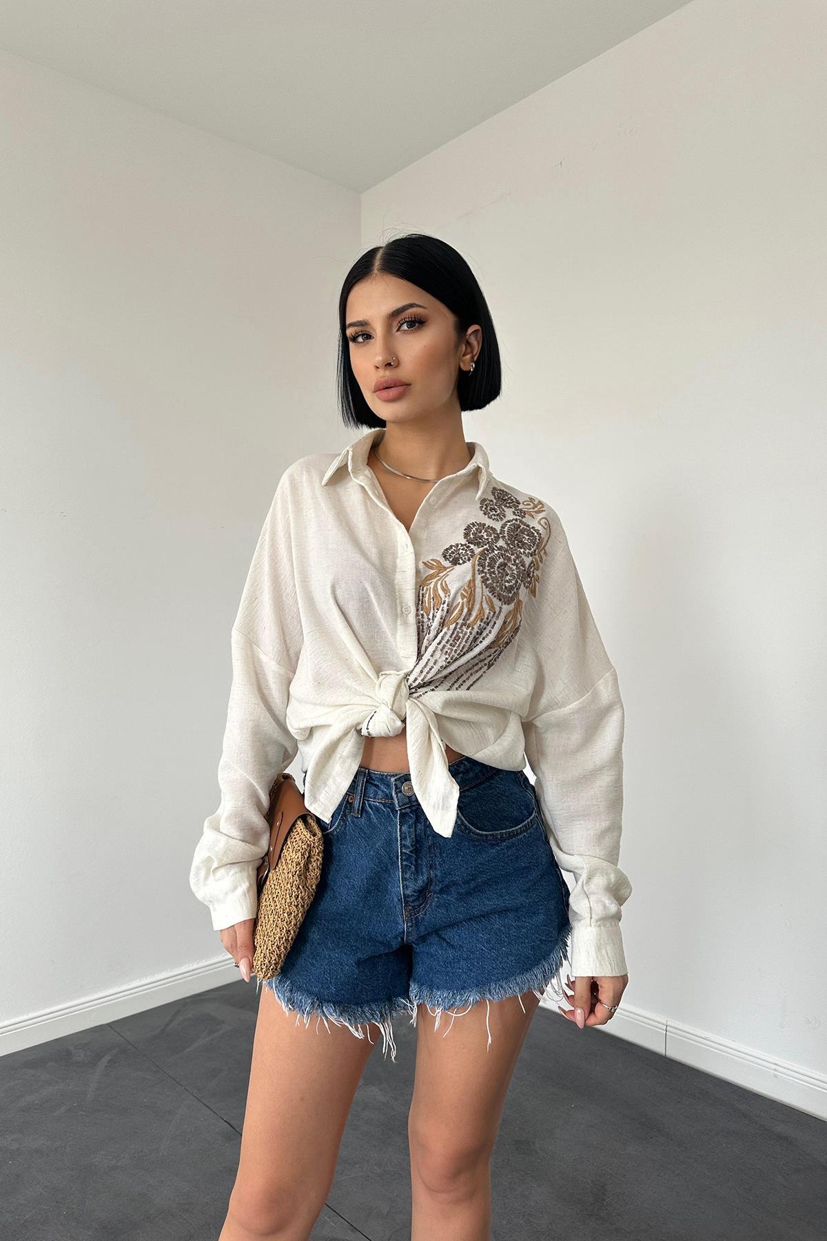 Toptan Melanj Pulpayet Nakışlı Bedensiz Gömlek Melanj STD