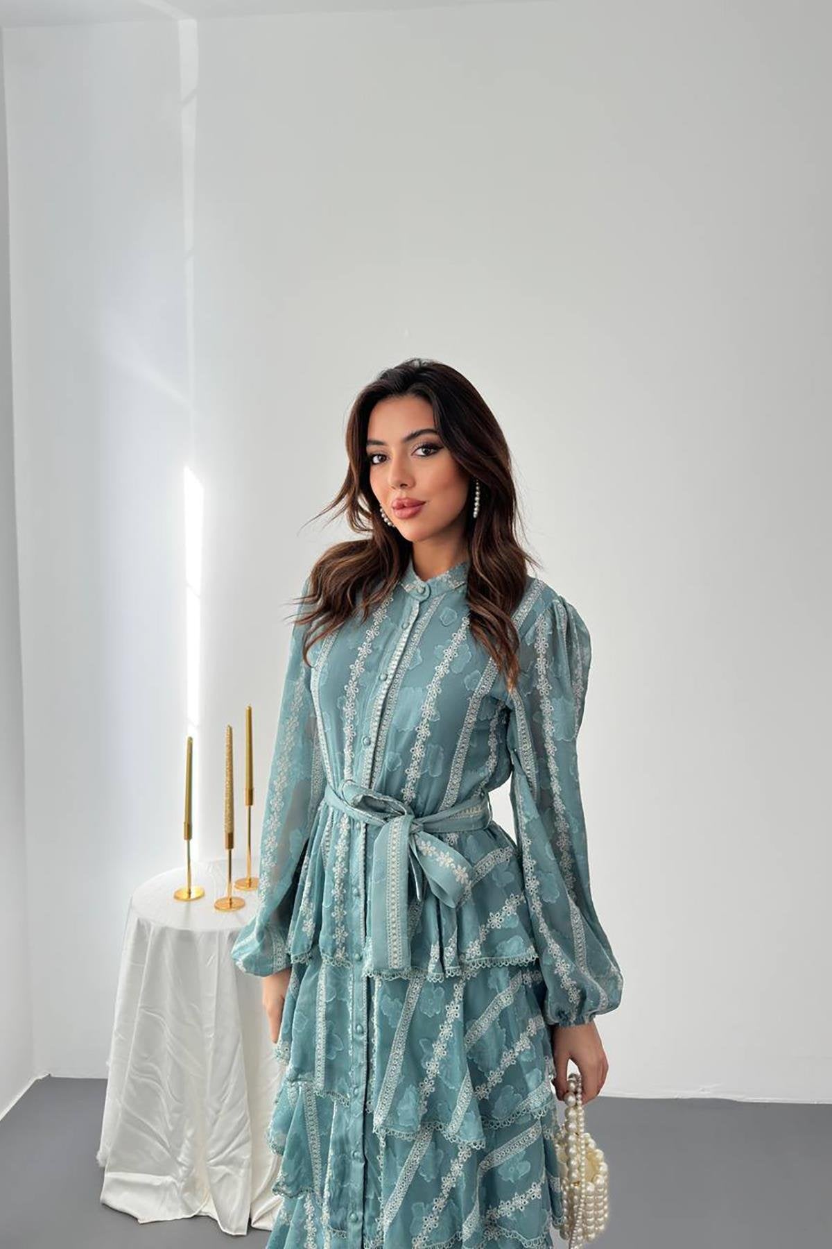 Toptan Mint Uzun Volanlı Elbise