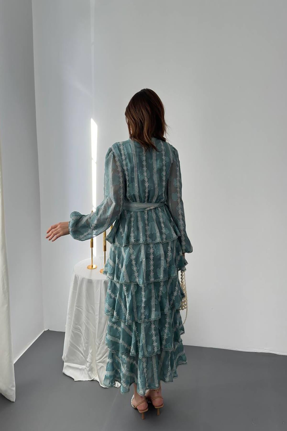 Toptan Mint Uzun Volanlı Elbise