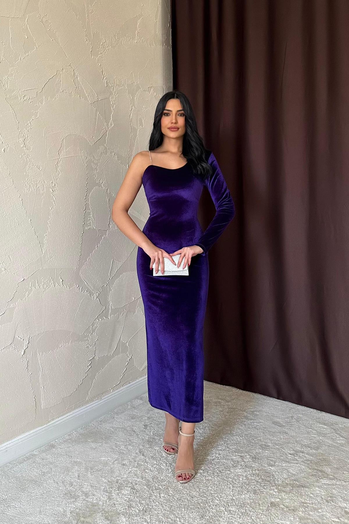 Toptan Mor Tek Omuzlu Taş Askılı Elbise