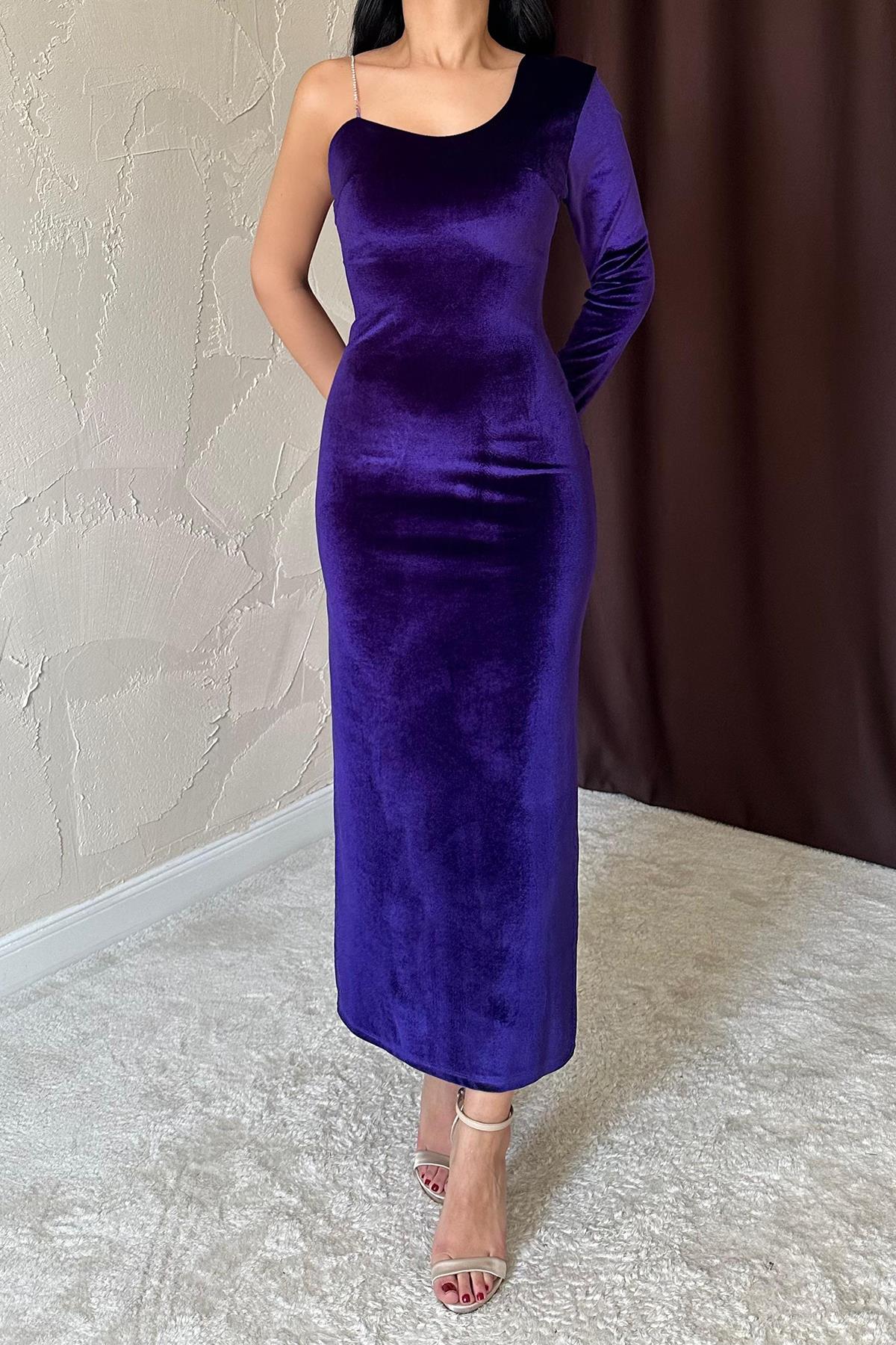 Toptan Mor Tek Omuzlu Taş Askılı Elbise