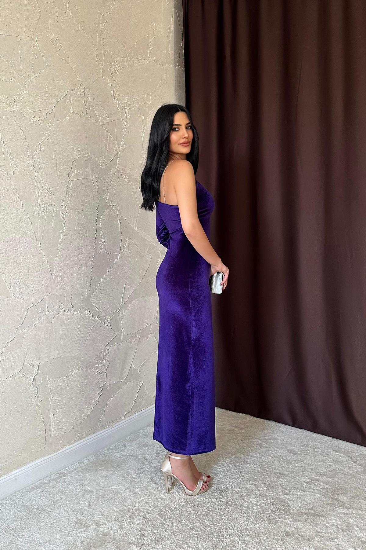 Toptan Mor Tek Omuzlu Taş Askılı Elbise