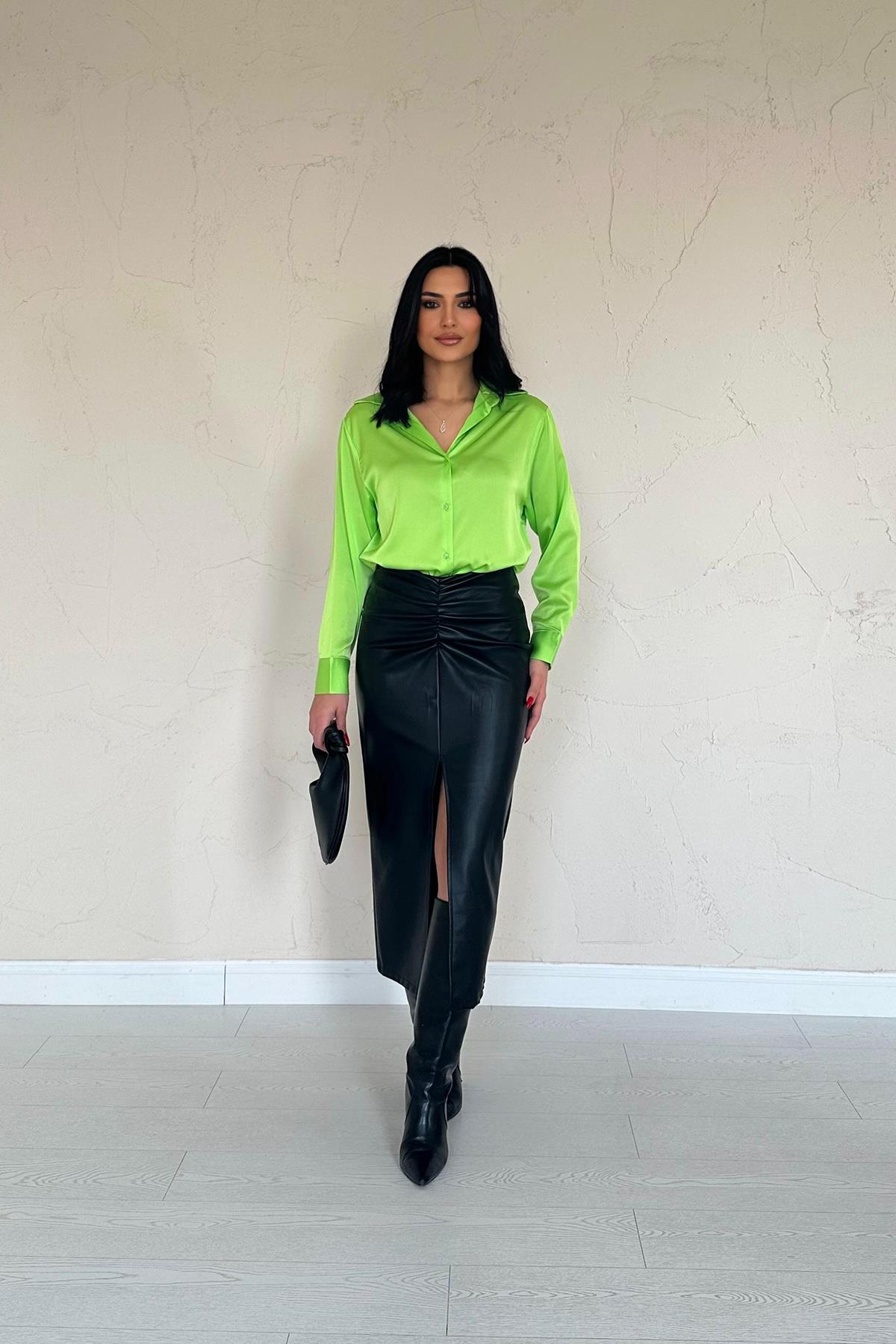 Toptan Neon Saten Gömlek Neon L