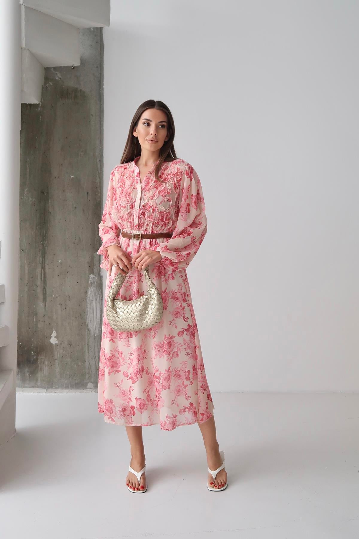 Toptan Pembe Biye Detaylı Elbise