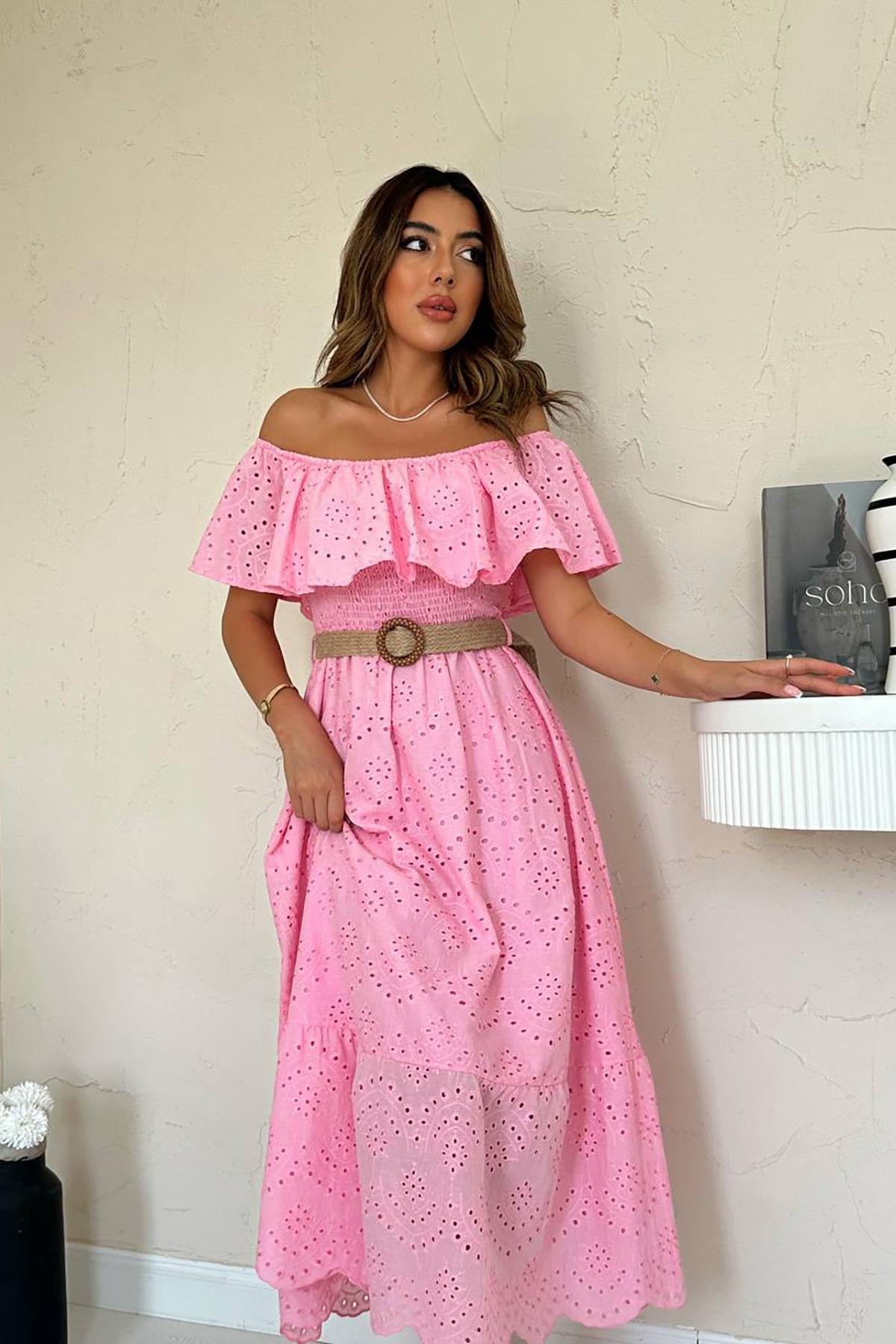 Toptan Pembe Omzu Lastikli Brode Elbise