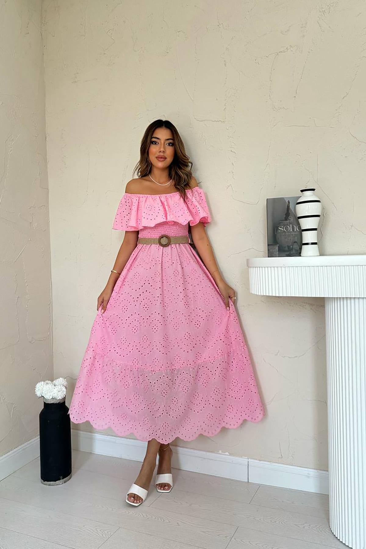 Toptan Pembe Omzu Lastikli Brode Elbise Pembe L