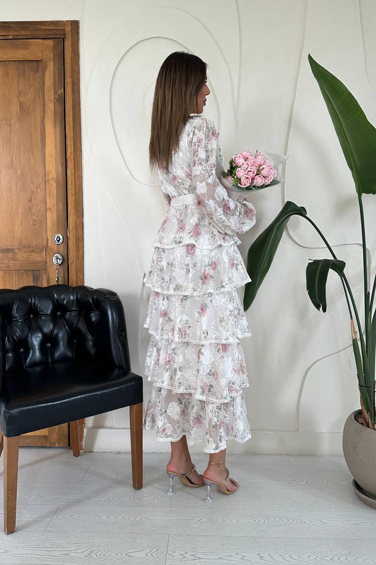 Toptan Pembe Valonlu Şeritli Kat Kat Elbise