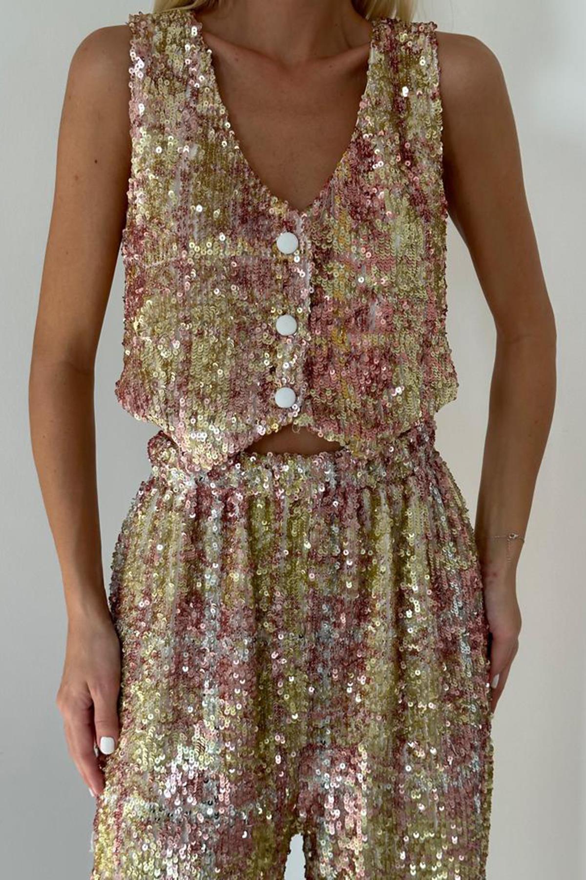 Toptan Pudra Pullu Yelek Ve Pantolon Takım