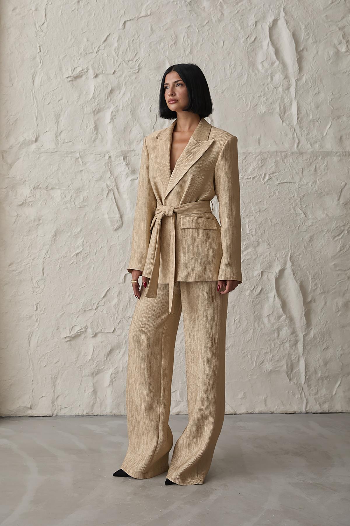 Toptan Sarı Beli Kuşaklı Ceket Ve Pantolon Parlak Takım