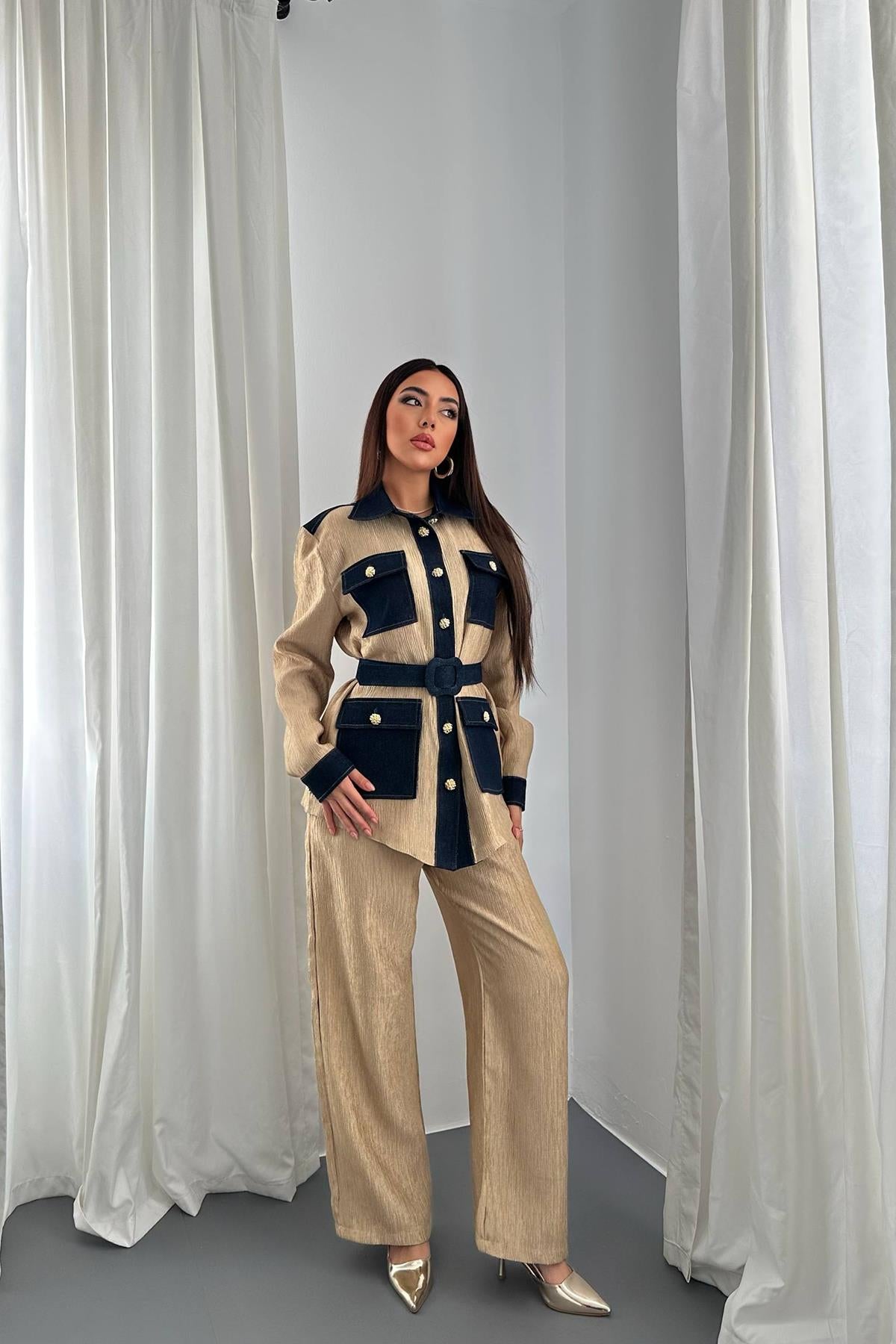 Toptan Sarı Garnili Cepli Gömlek Ve Pantolon Takım Sarı L