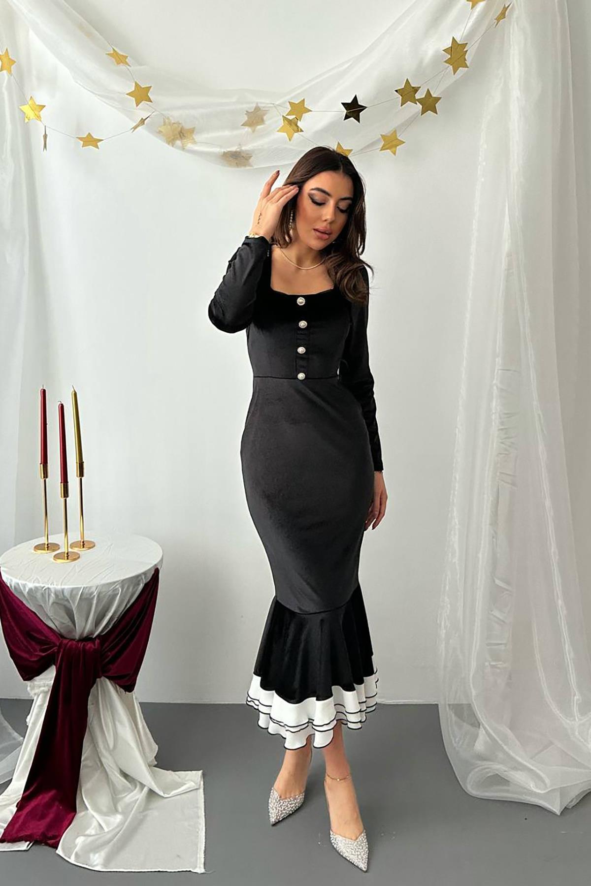 Toptan Siyah Alt Eteği Volanlı Kadife Elbise