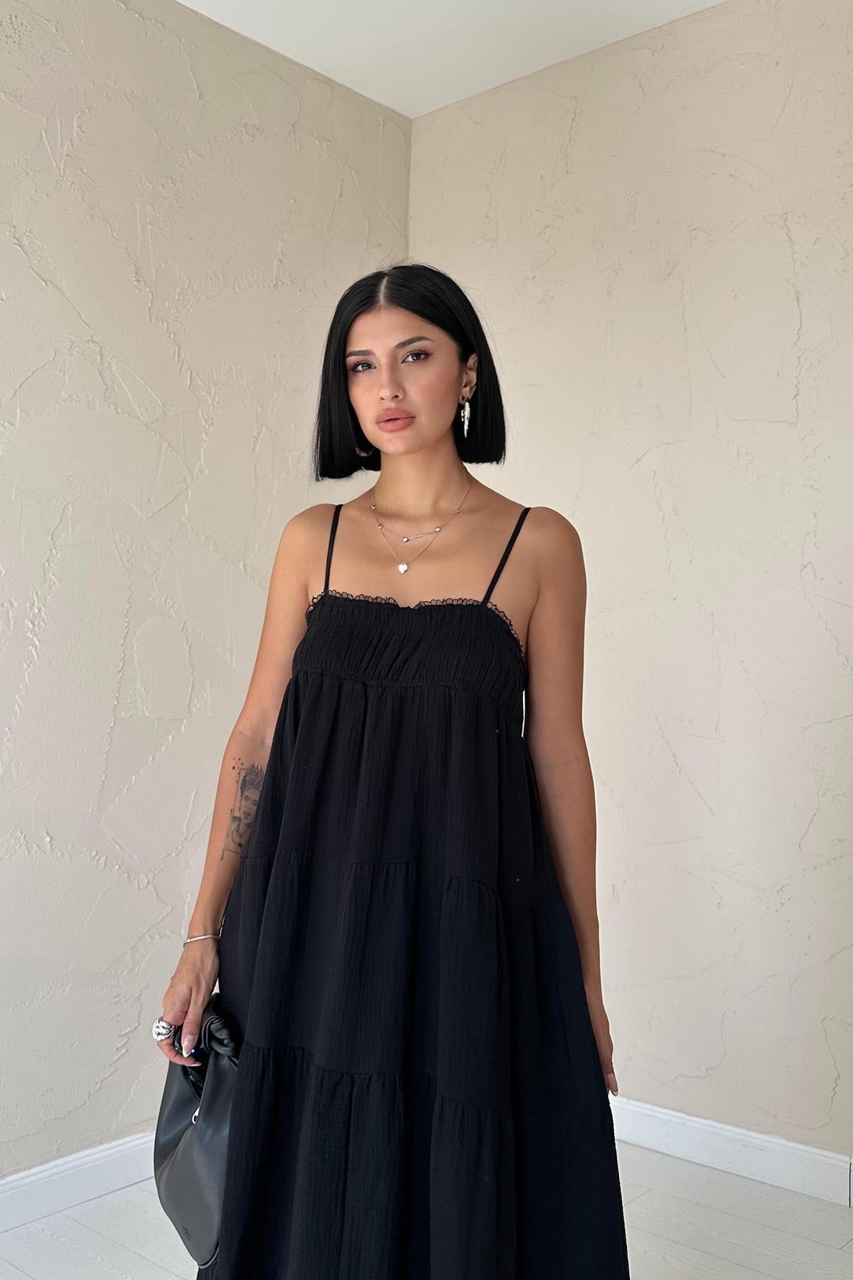 Toptan Siyah Askılı Parçalı Müslin Elbise