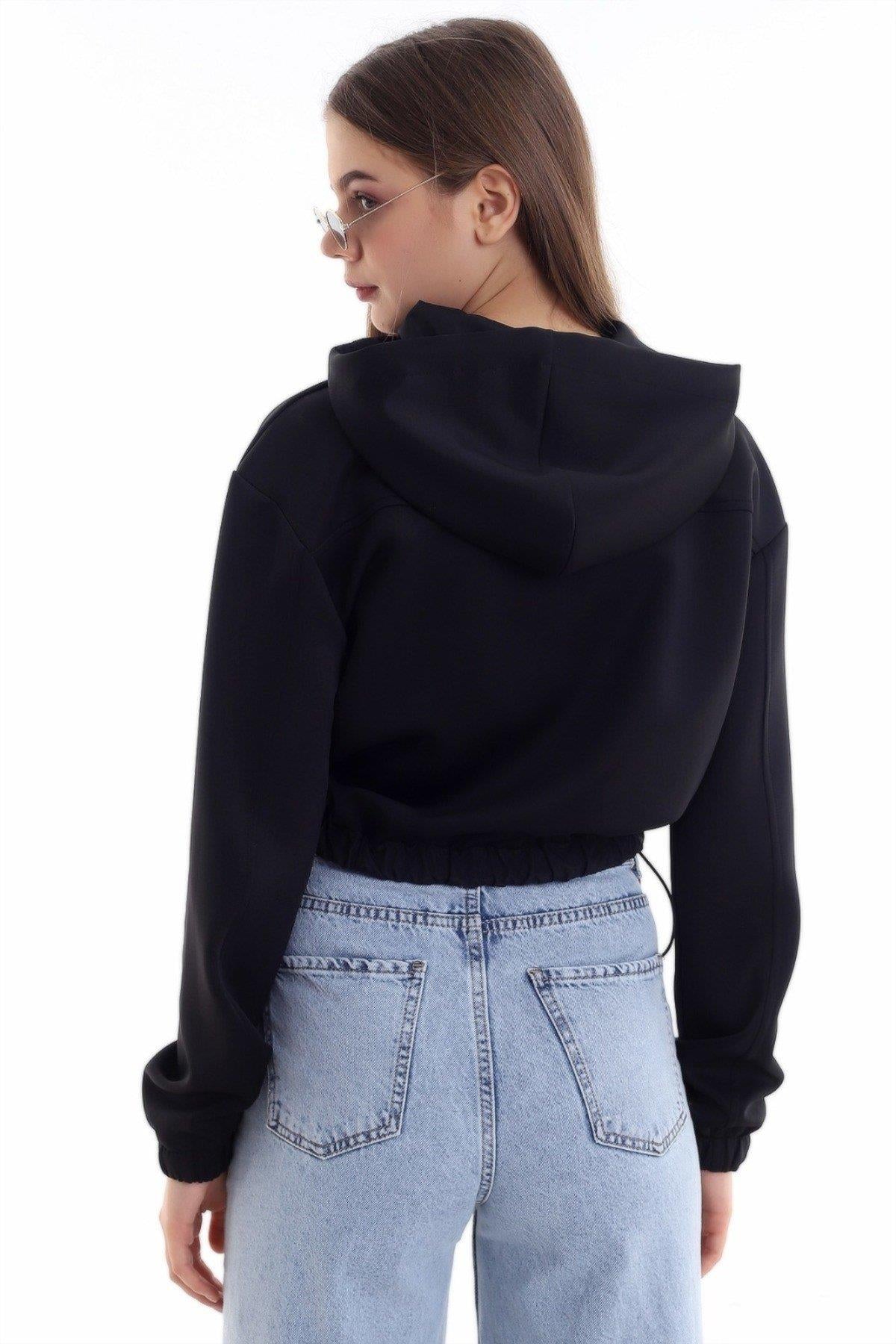 Toptan Siyah Bel Detaylı Ve Kapüşonlu Hırka