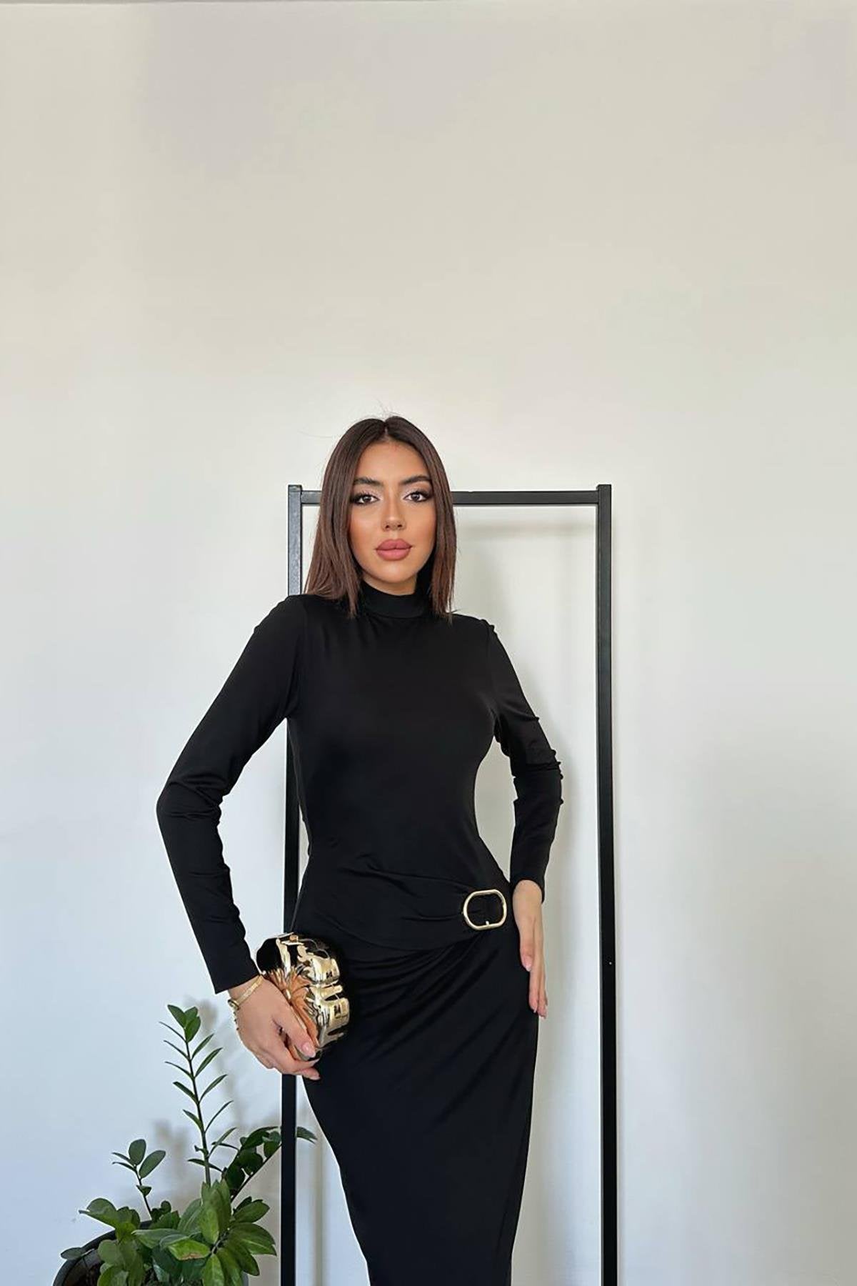 Toptan Siyah Beli Tokalı Elbise