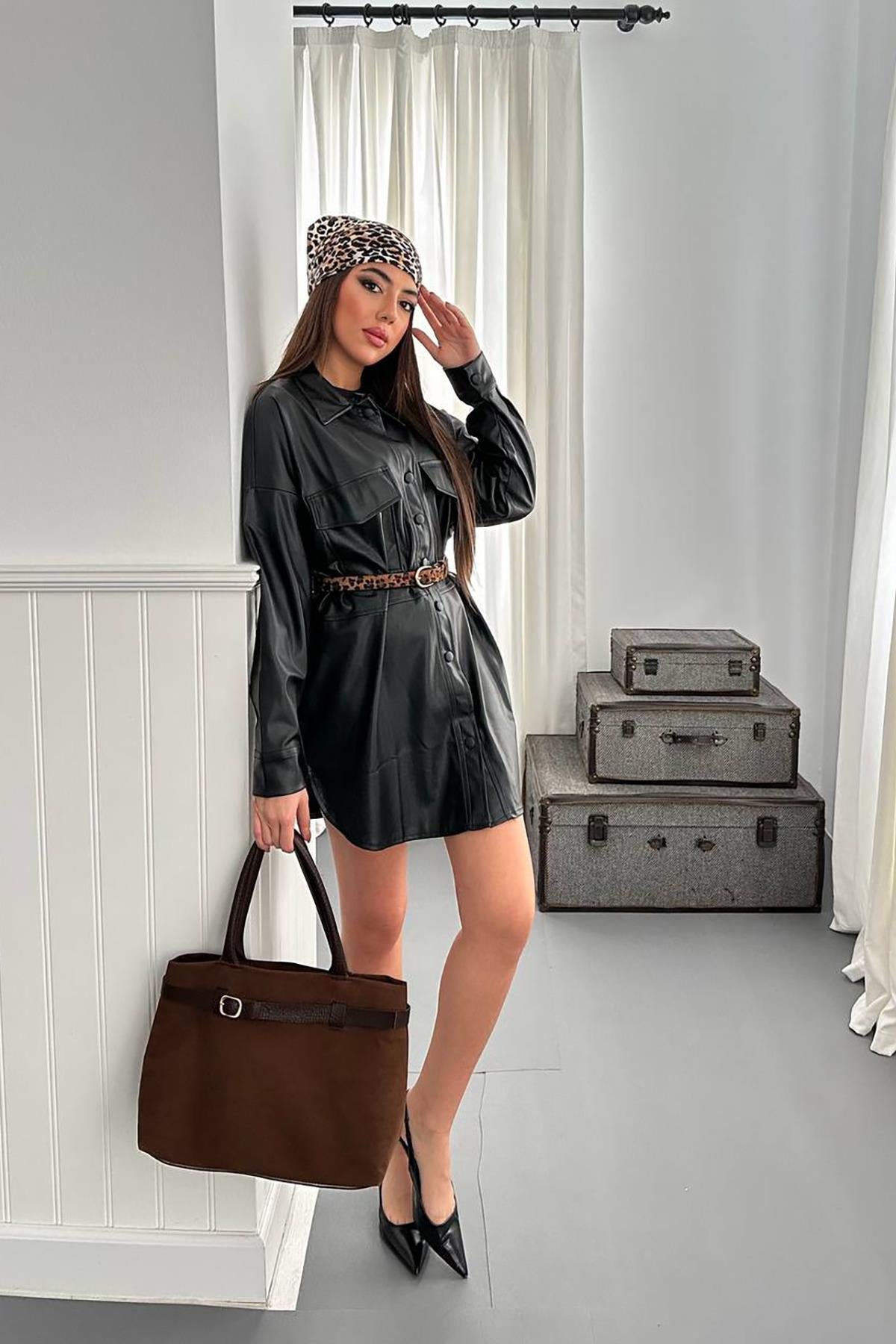 Toptan Siyah Çıtçıt Kapama Cepli Deri Ceket