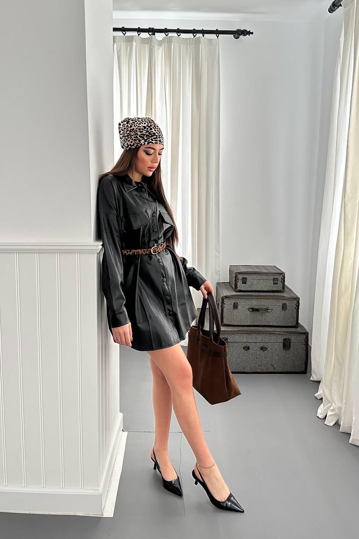 Toptan Siyah Çıtçıt Kapama Cepli Deri Ceket