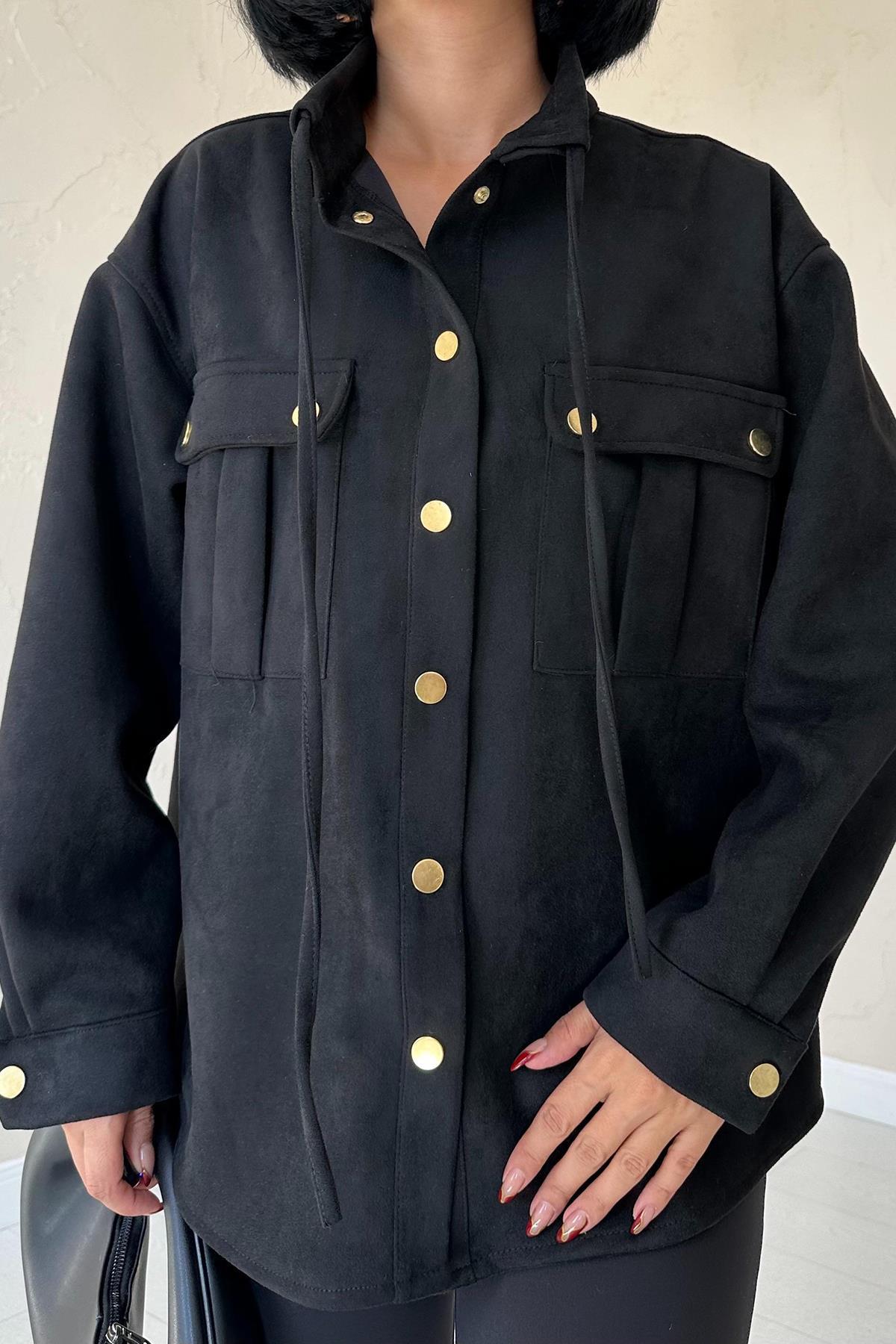 Toptan Siyah Çıtçıtlı Süet Gömlek