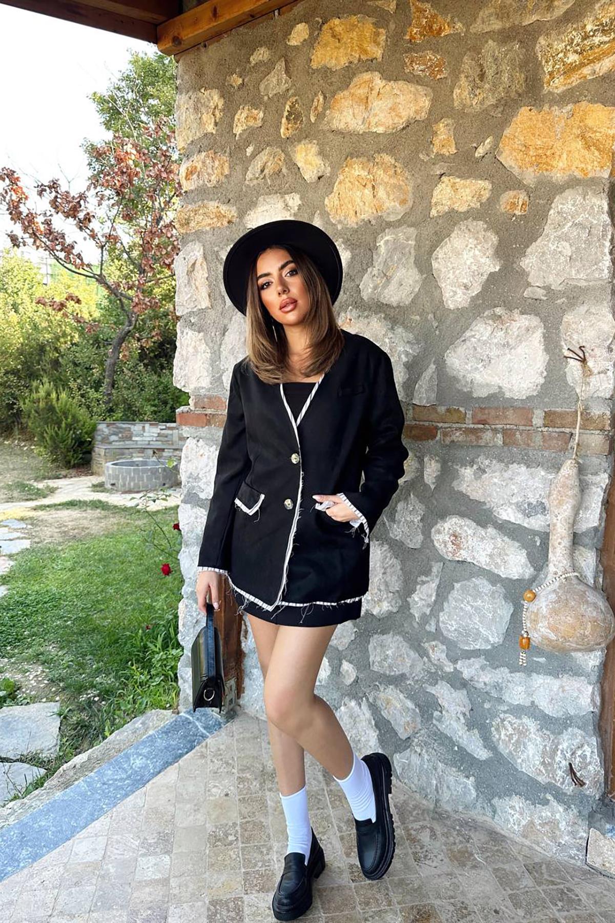 Toptan Siyah Çizgili Astarlı Garnili Süet Ceket Siyah L