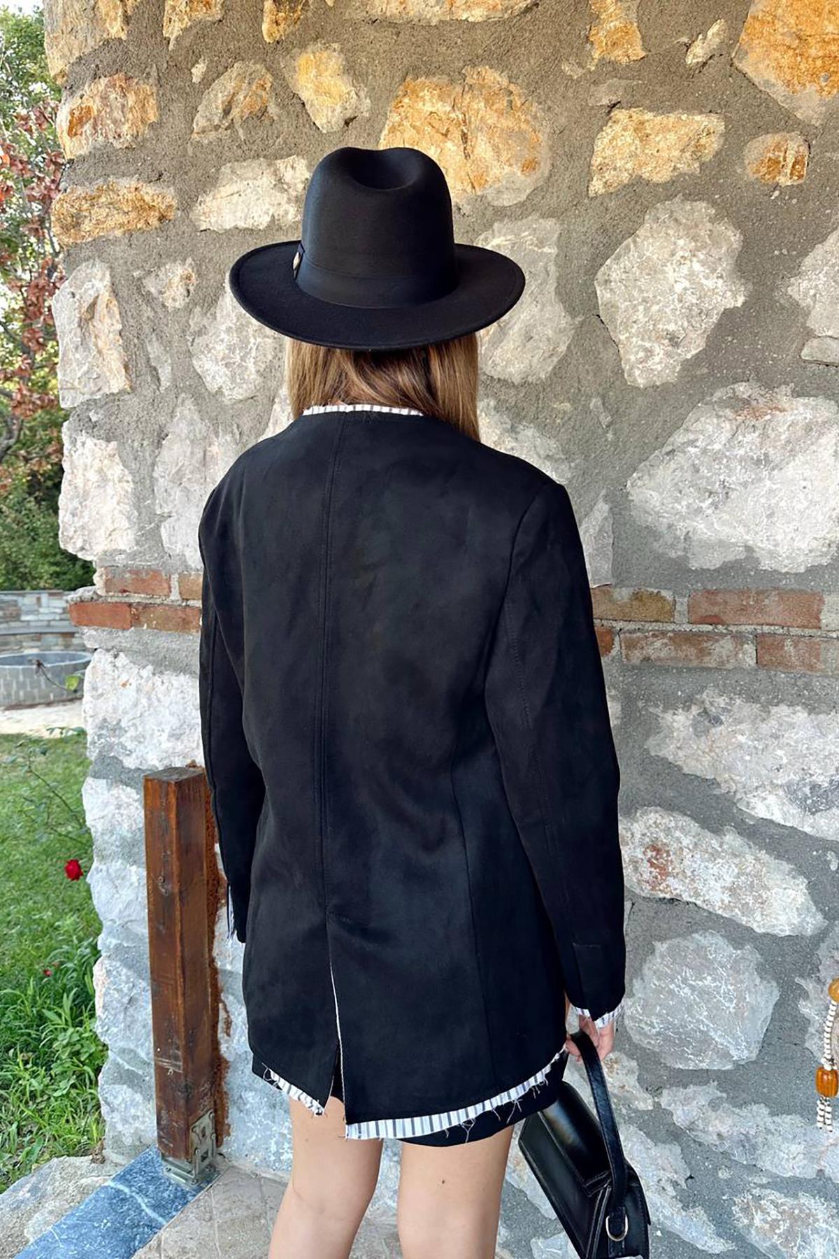 Toptan Siyah Çizgili Astarlı Garnili Süet Ceket