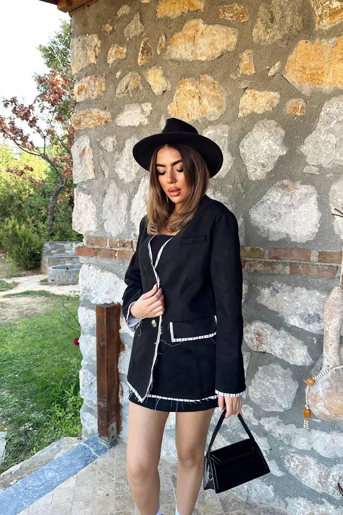 Toptan Siyah Çizgili Astarlı Garnili Süet Ceket