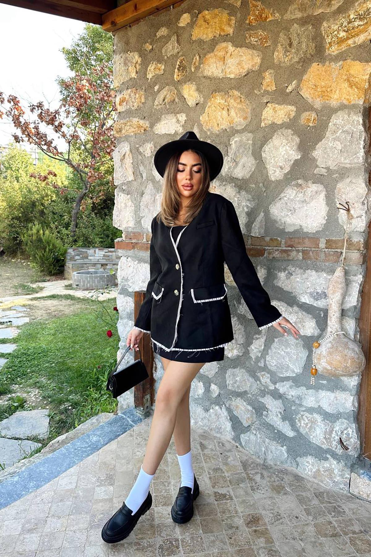 Toptan Siyah Çizgili Astarlı Garnili Süet Ceket