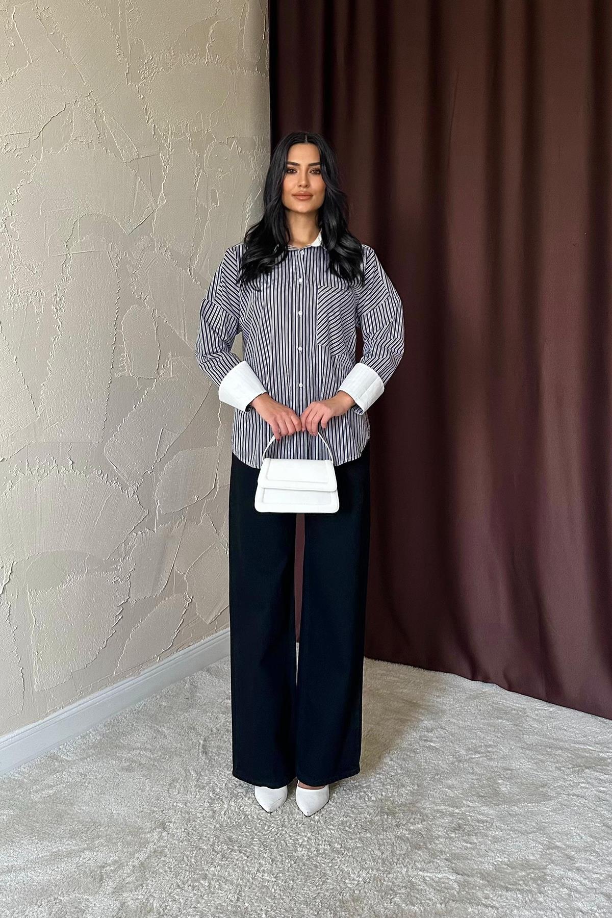 Toptan Siyah Çizgili Poplin Uzun Kol Gömlek Siyah L