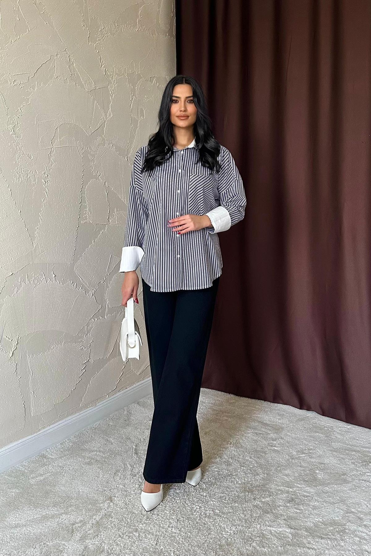 Toptan Siyah Çizgili Poplin Uzun Kol Gömlek