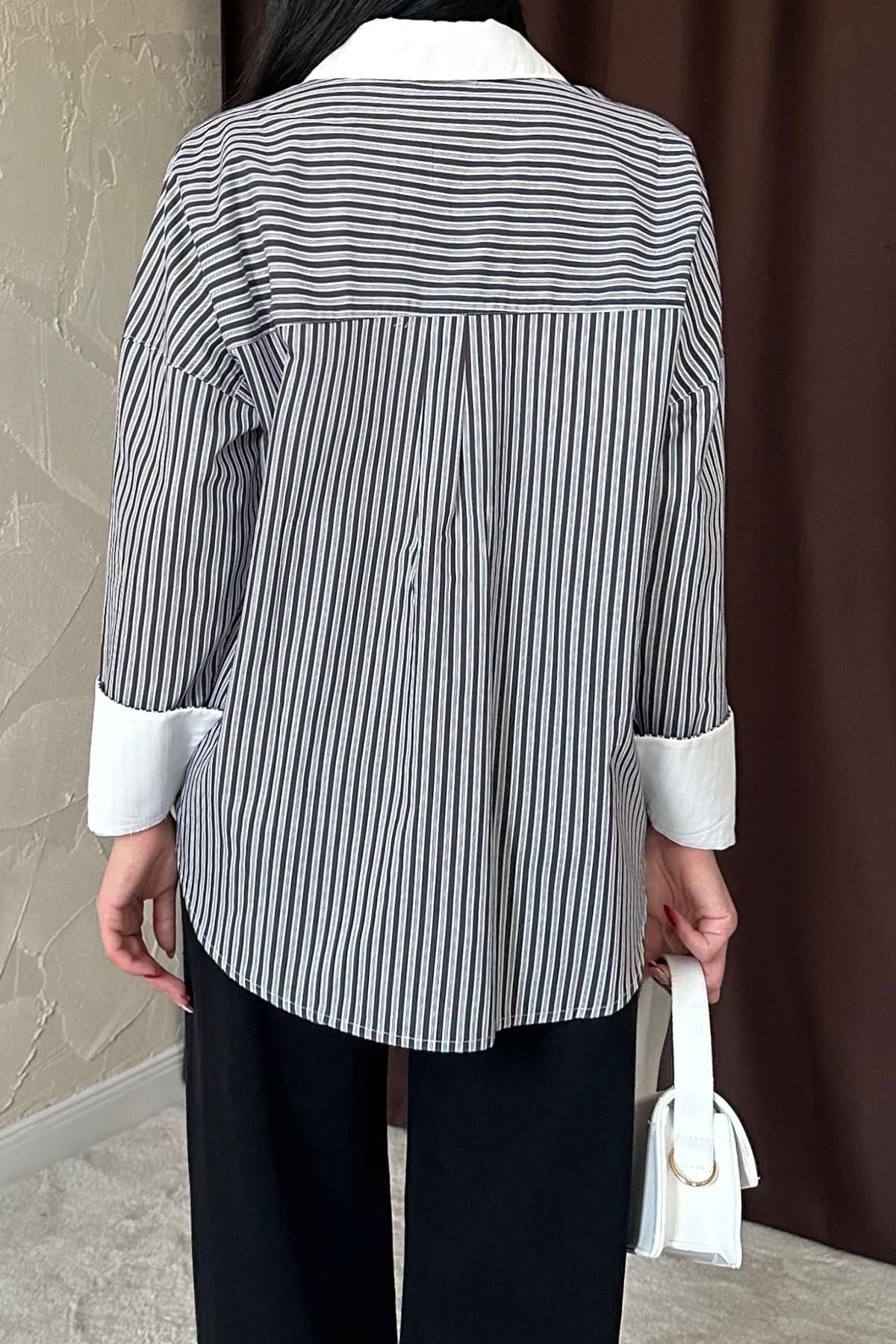 Toptan Siyah Çizgili Poplin Uzun Kol Gömlek