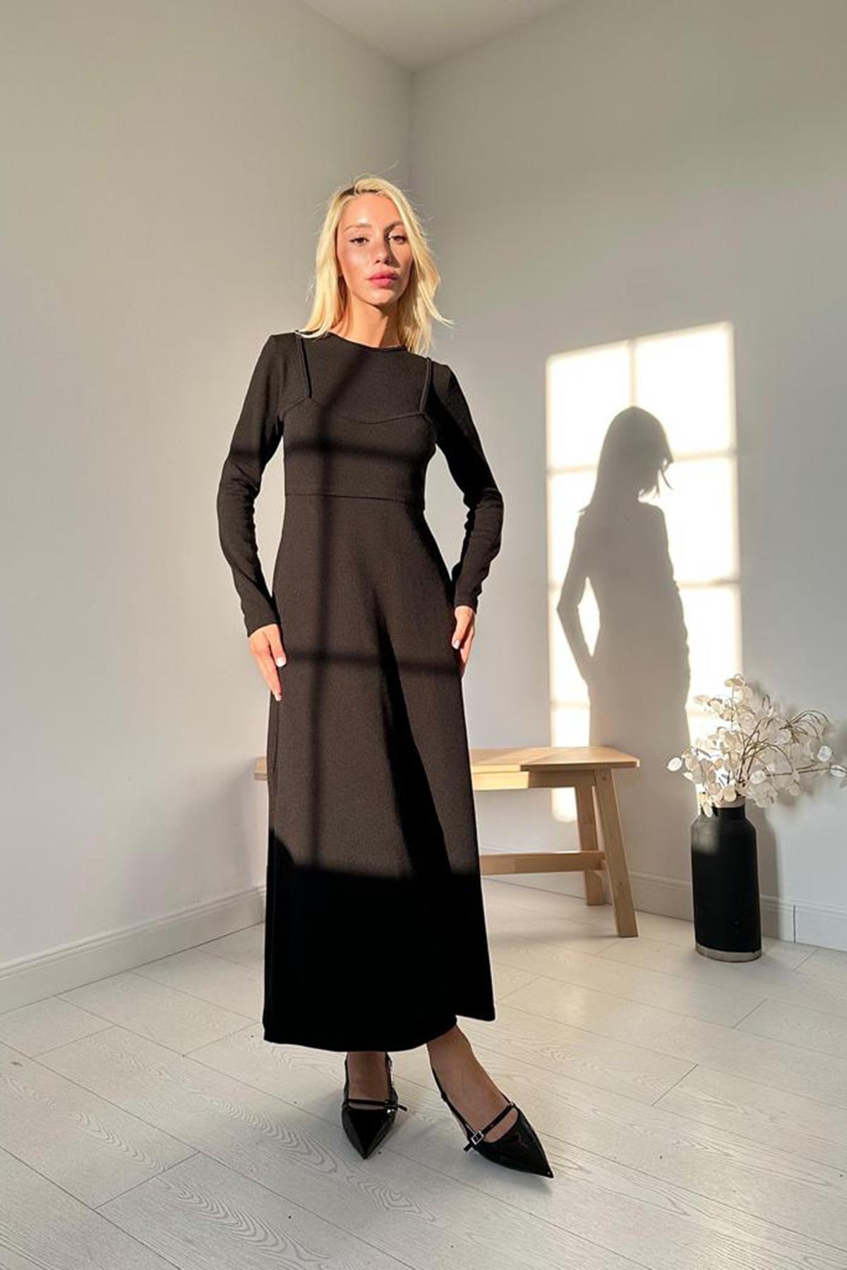 Toptan Siyah Croplu Akrilik Elbise Siyah L