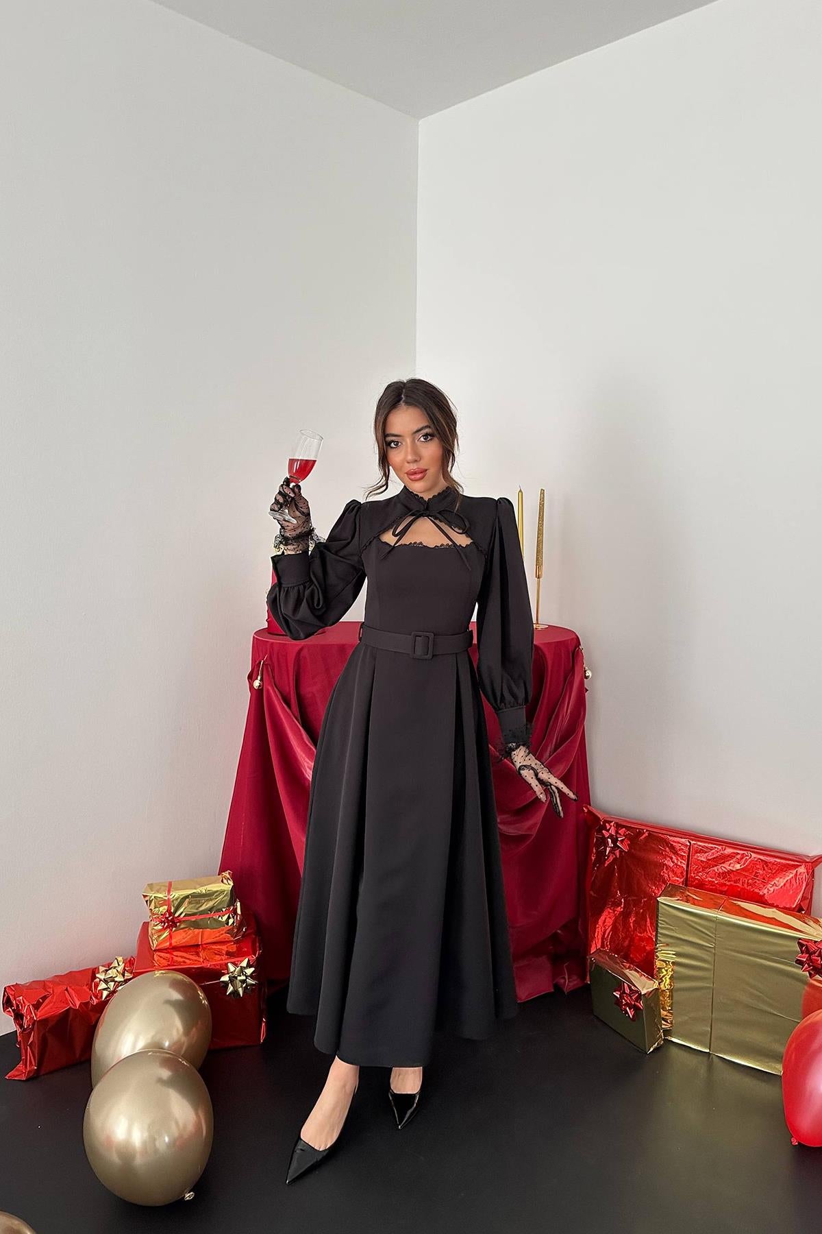 Toptan Siyah Dantelli Kuplu Elbise Siyah L