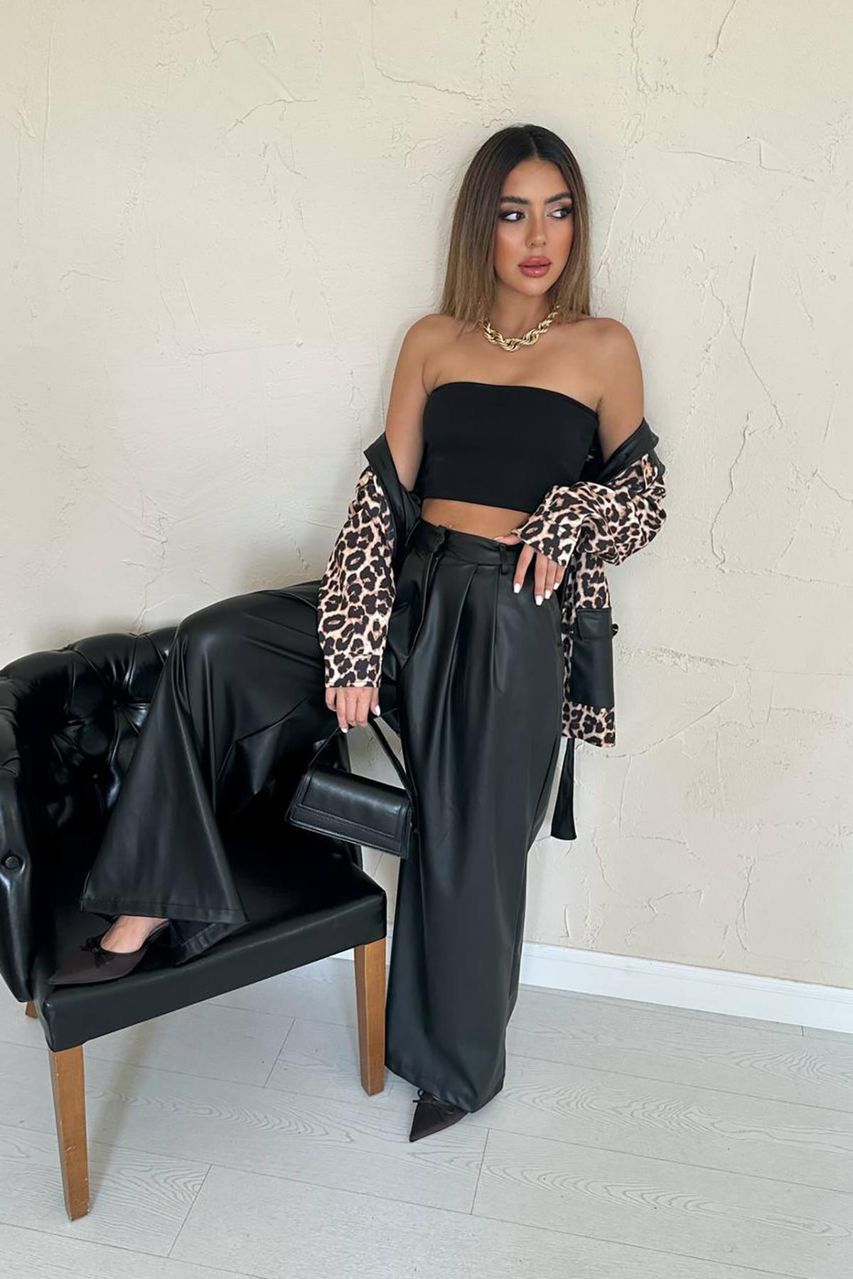 Toptan Siyah Deri Garnili Leopar Takım