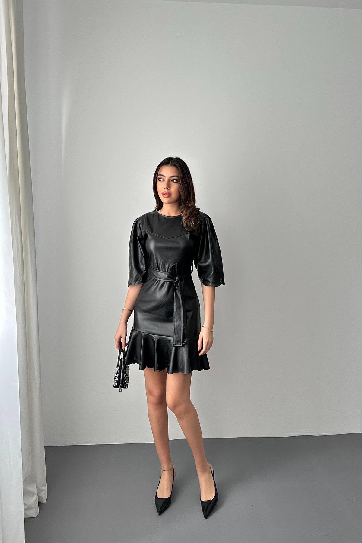 Toptan Siyah Deri Mini Elbise Siyah L