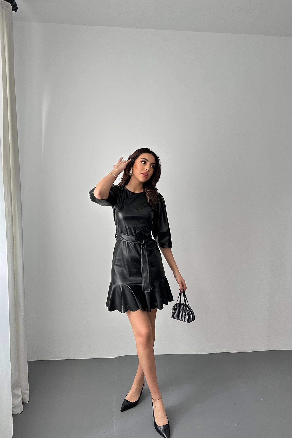Toptan Siyah Deri Mini Elbise