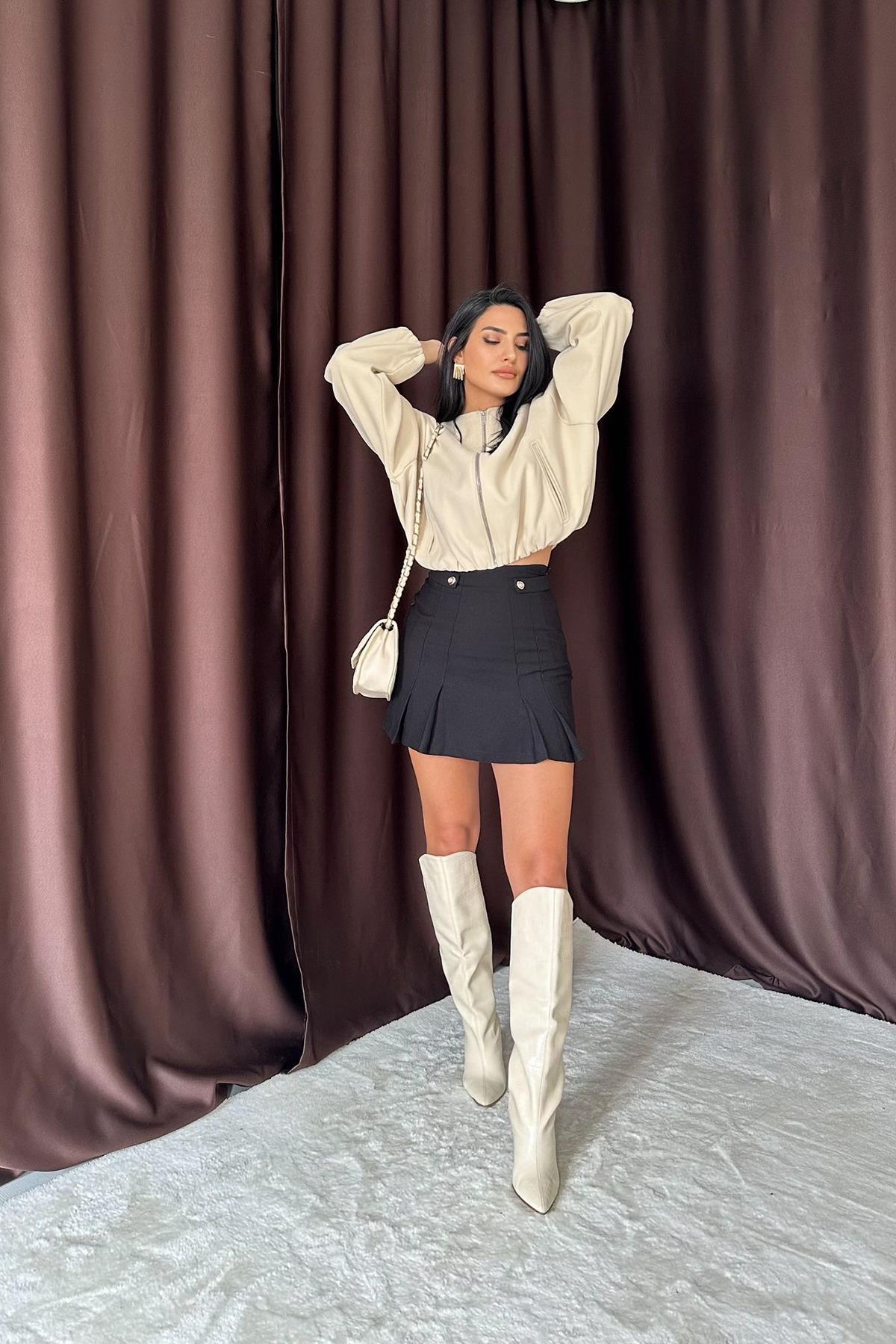 Toptan Siyah Düğme Detaylı Pileli Etek Siyah L