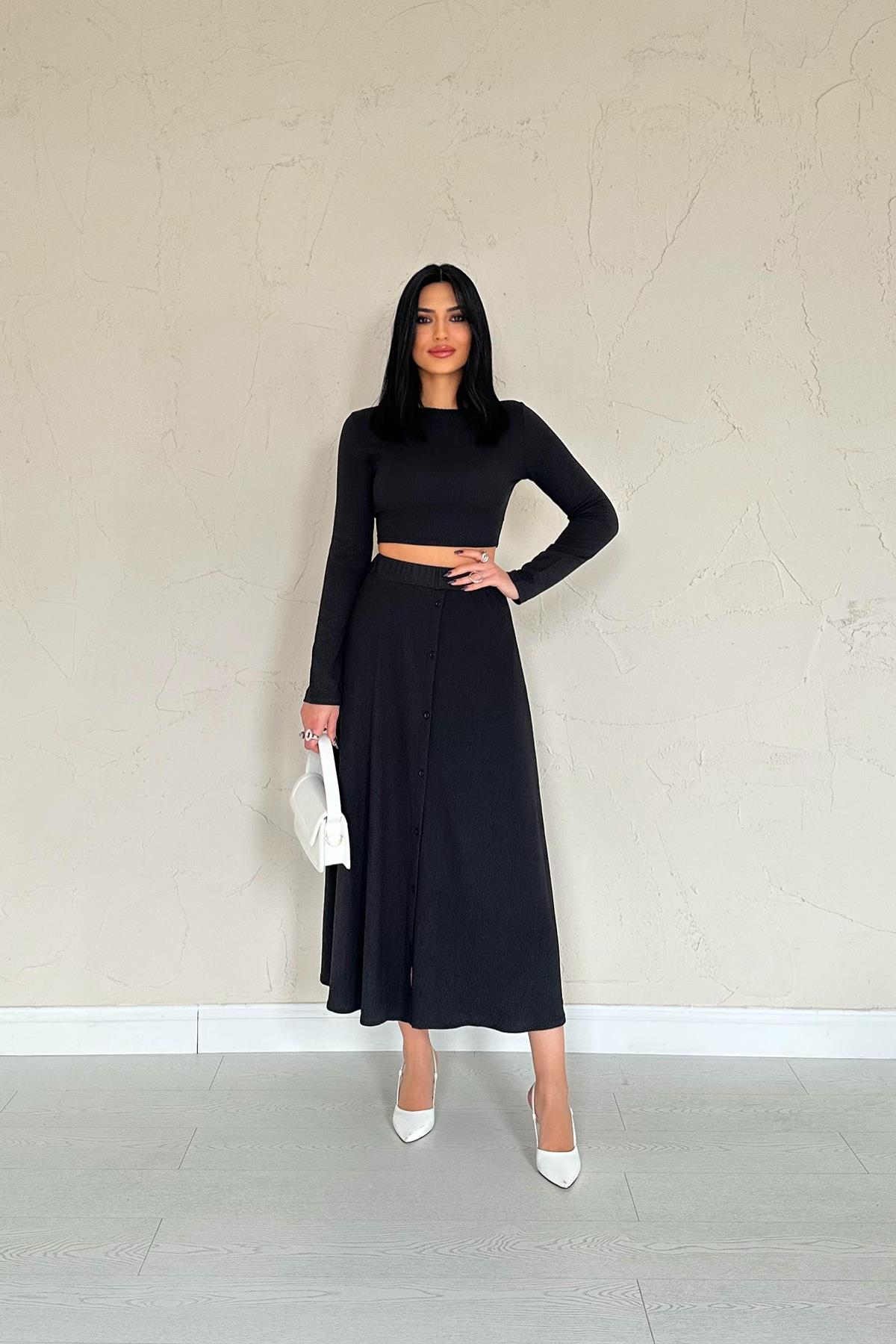 Toptan Siyah Fitilli Bluz & Etek Takım