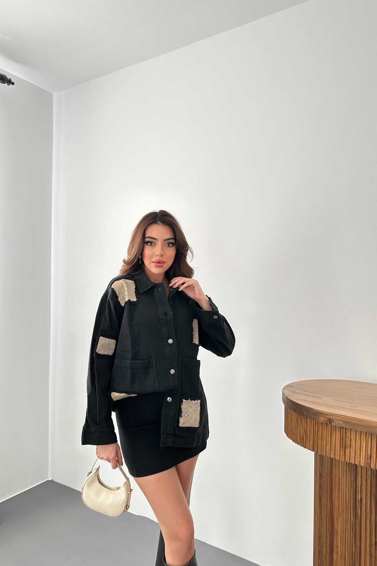 Toptan Siyah Gabardin Arma Detaylı Gömlek Ceket