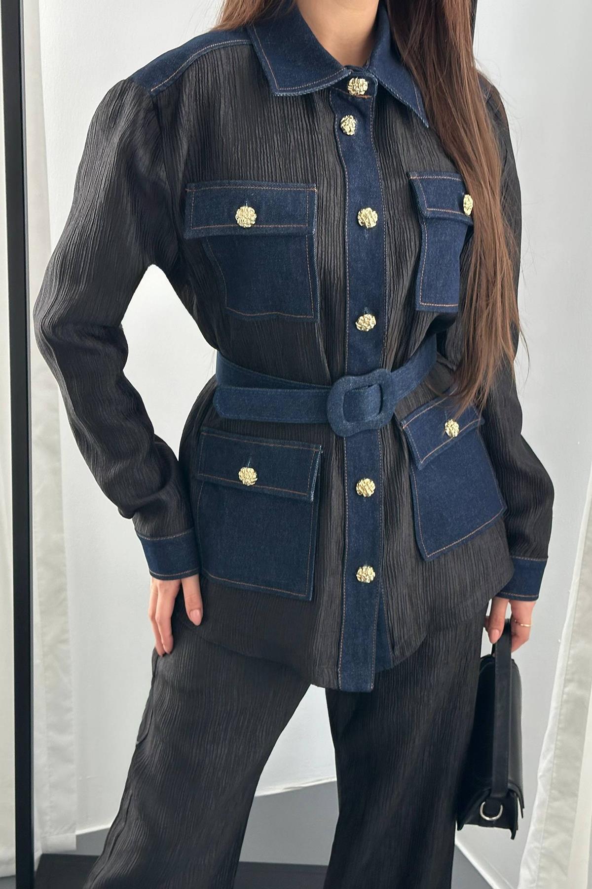 Toptan Siyah Garnili Cepli Gömlek Ve Pantolon Takım