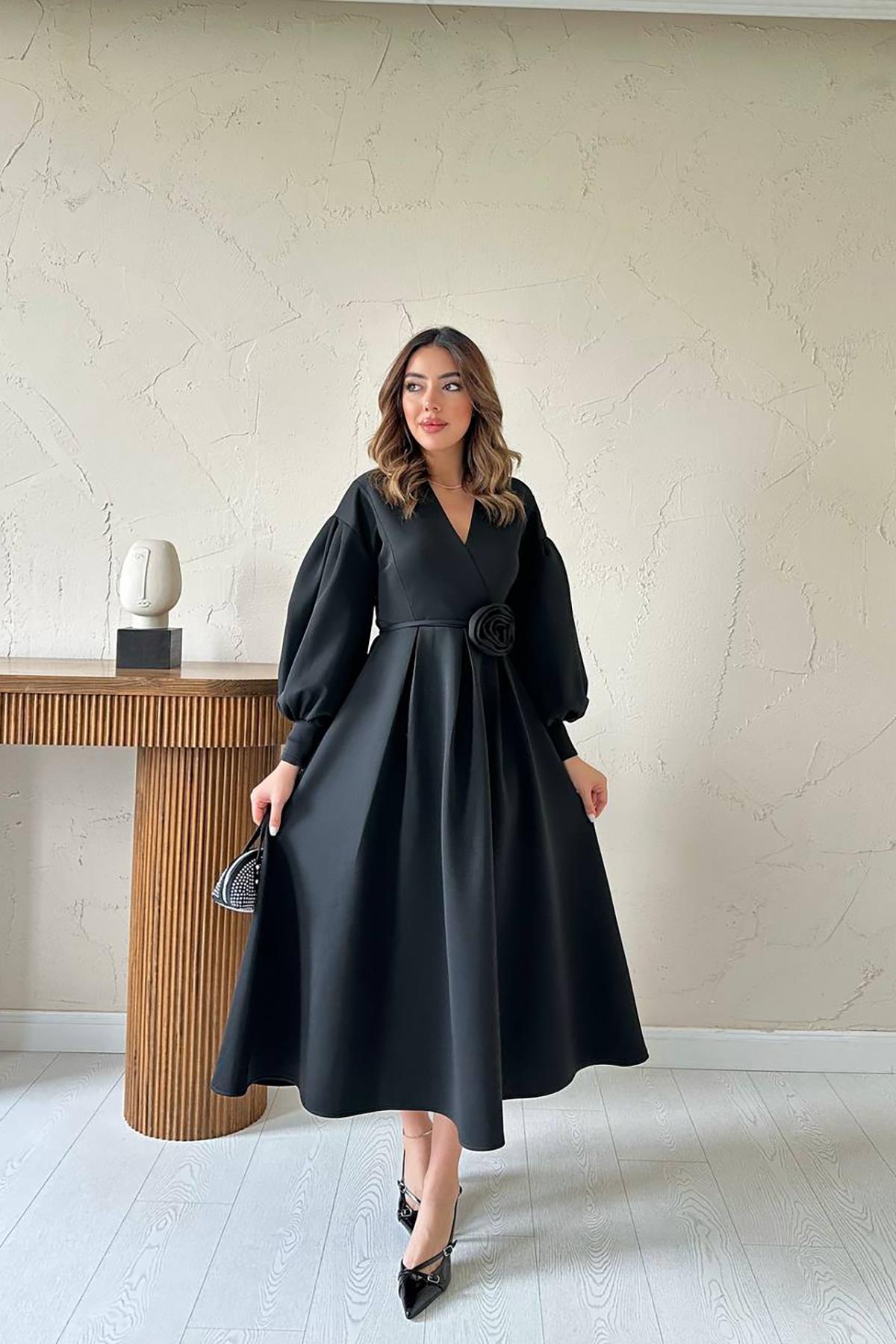 Toptan Siyah Gül Detaylı Scuba Elbise Siyah L