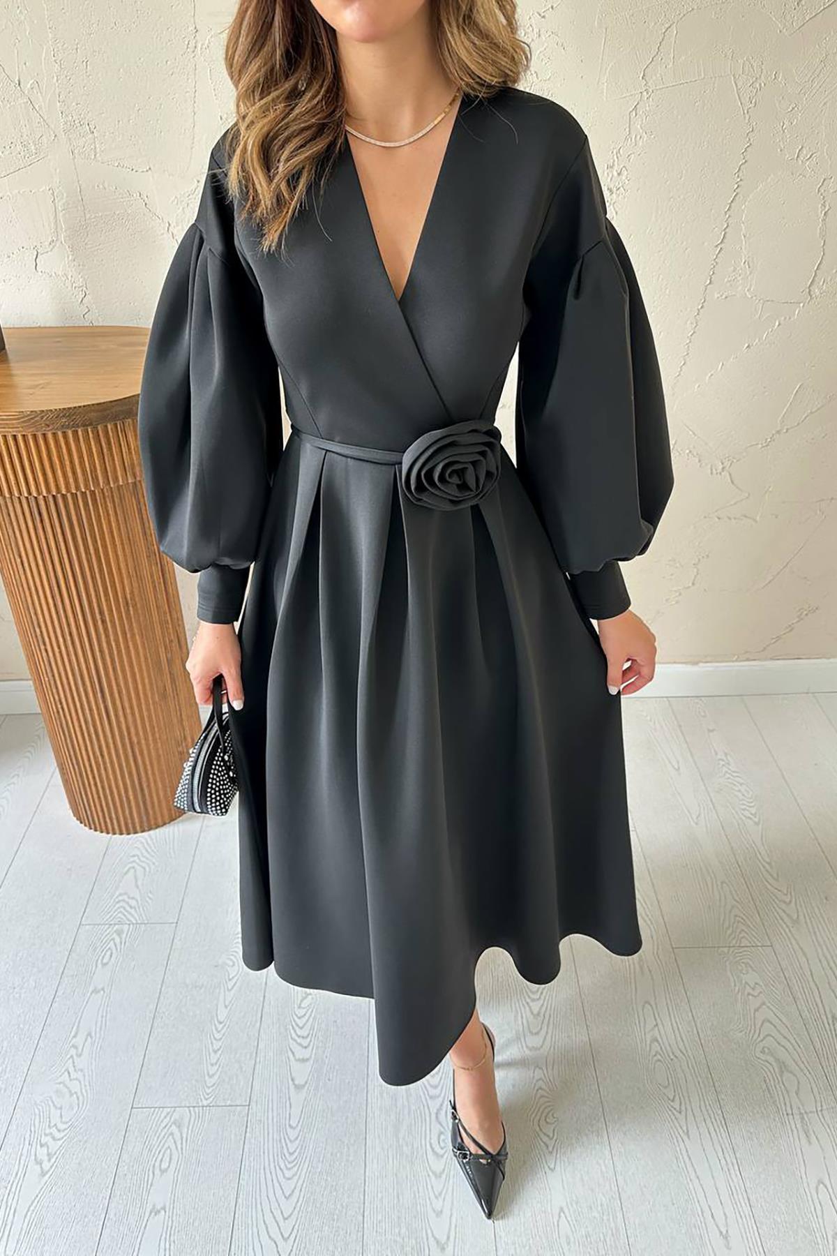 Toptan Siyah Gül Detaylı Scuba Elbise