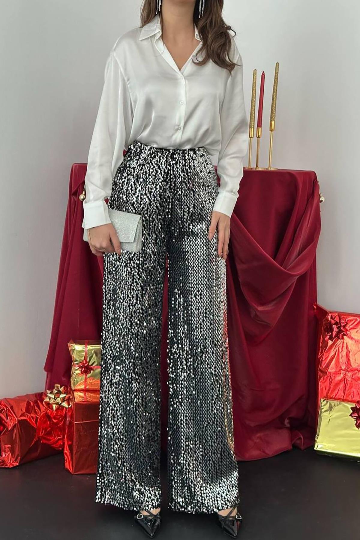 Toptan Siyah Gümüş Beli Lastikli Pullu Pantolon