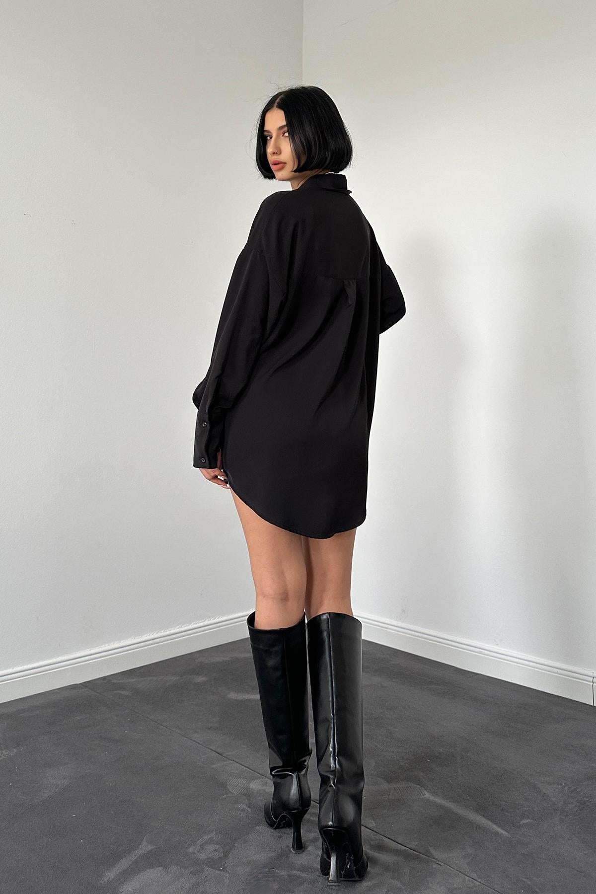 Toptan Siyah Jesica Parçalı Bağcıklı Gömlek