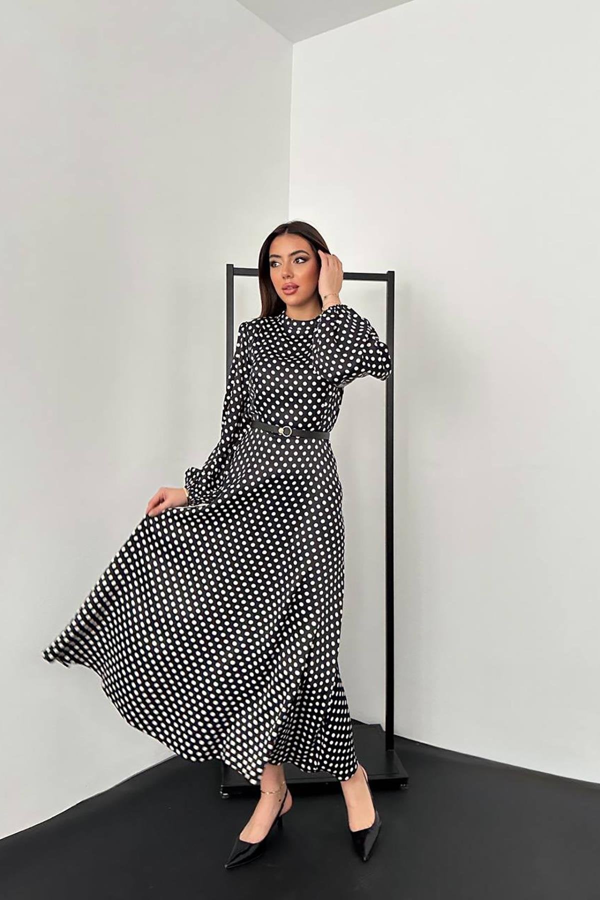 Toptan Siyah Kemer Detaylı Puantiyeli Elbise Siyah L