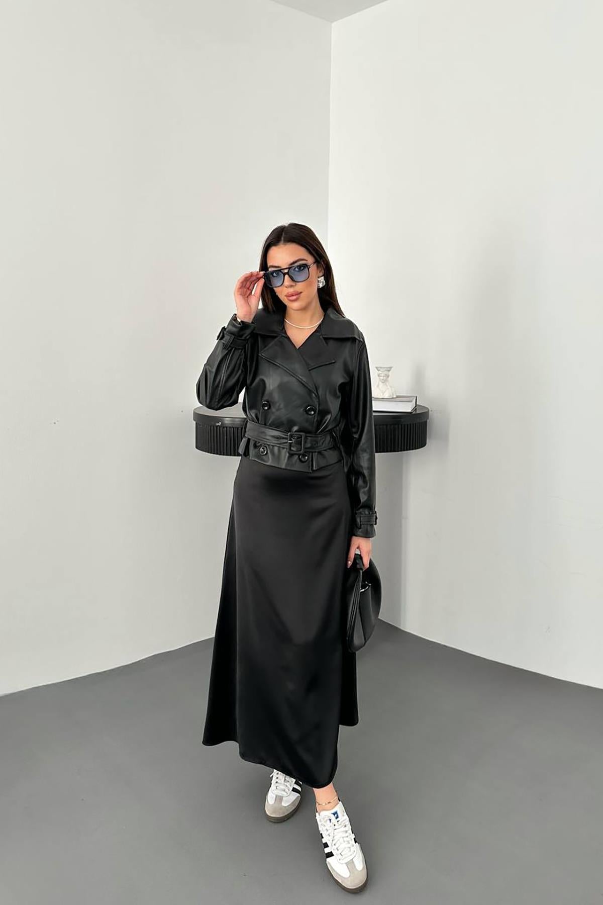 Toptan Siyah Kemerli Deri Ceket