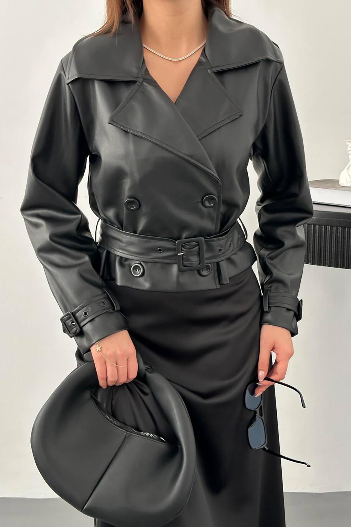 Toptan Siyah Kemerli Deri Ceket