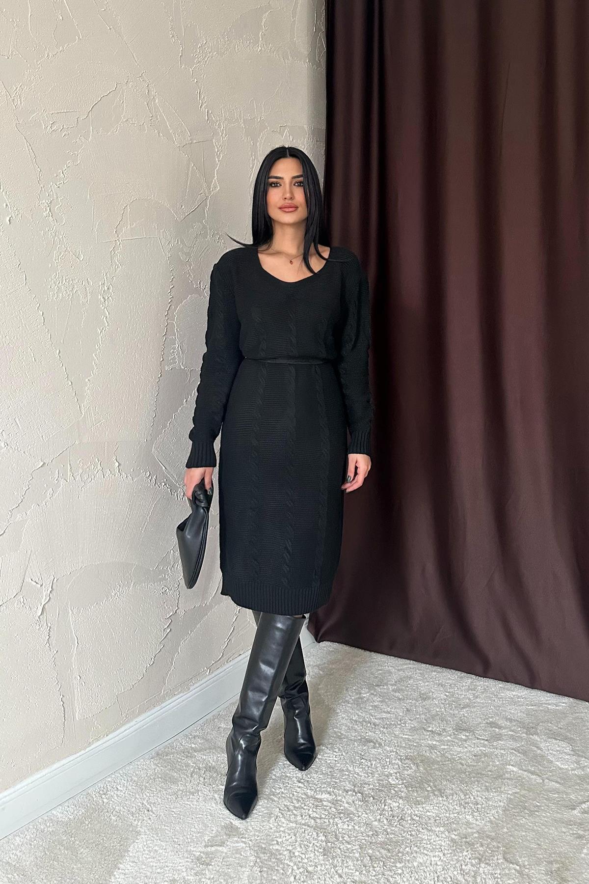 Toptan Siyah Kemerli Triko Elbise