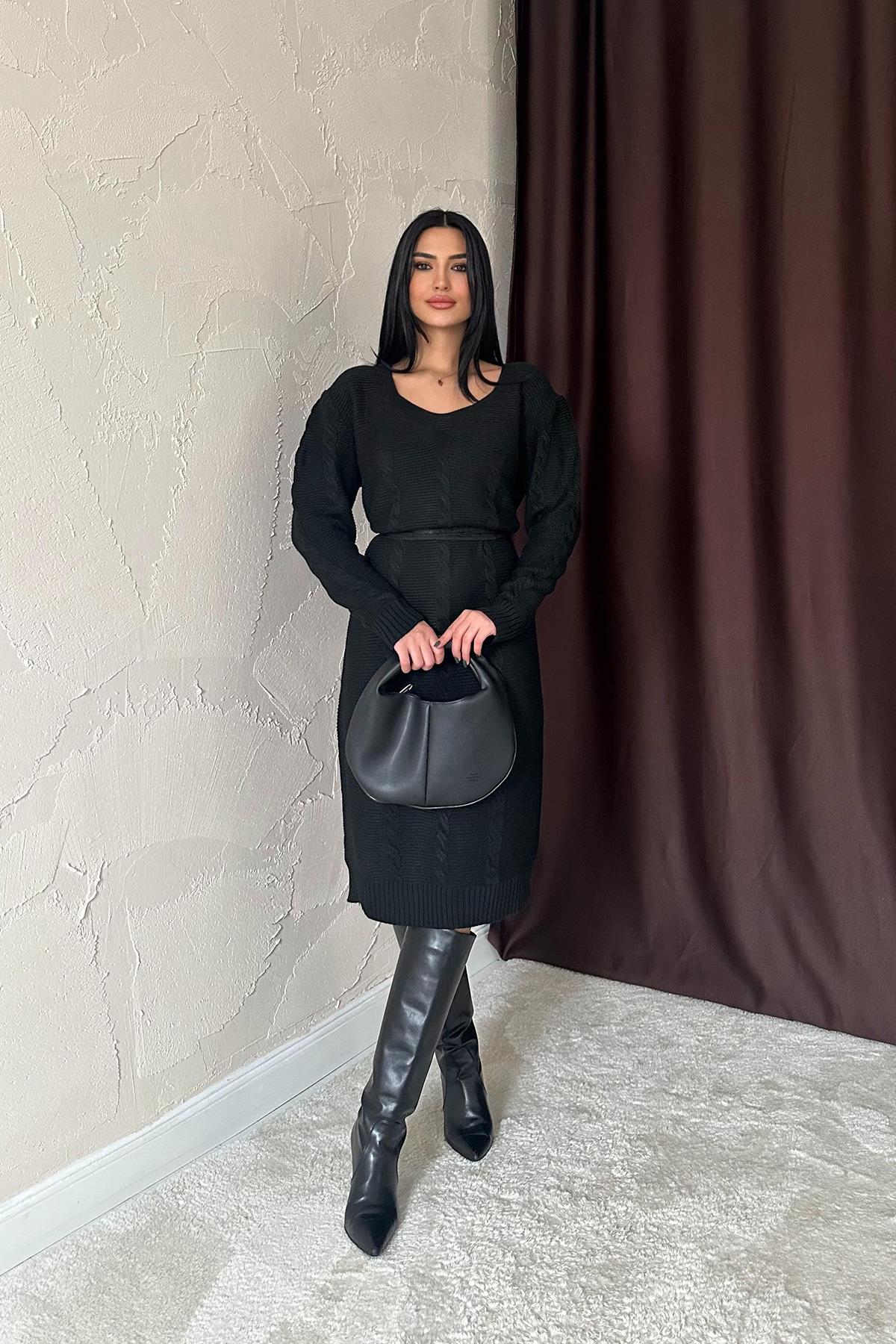 Toptan Siyah Kemerli Triko Elbise Siyah STD