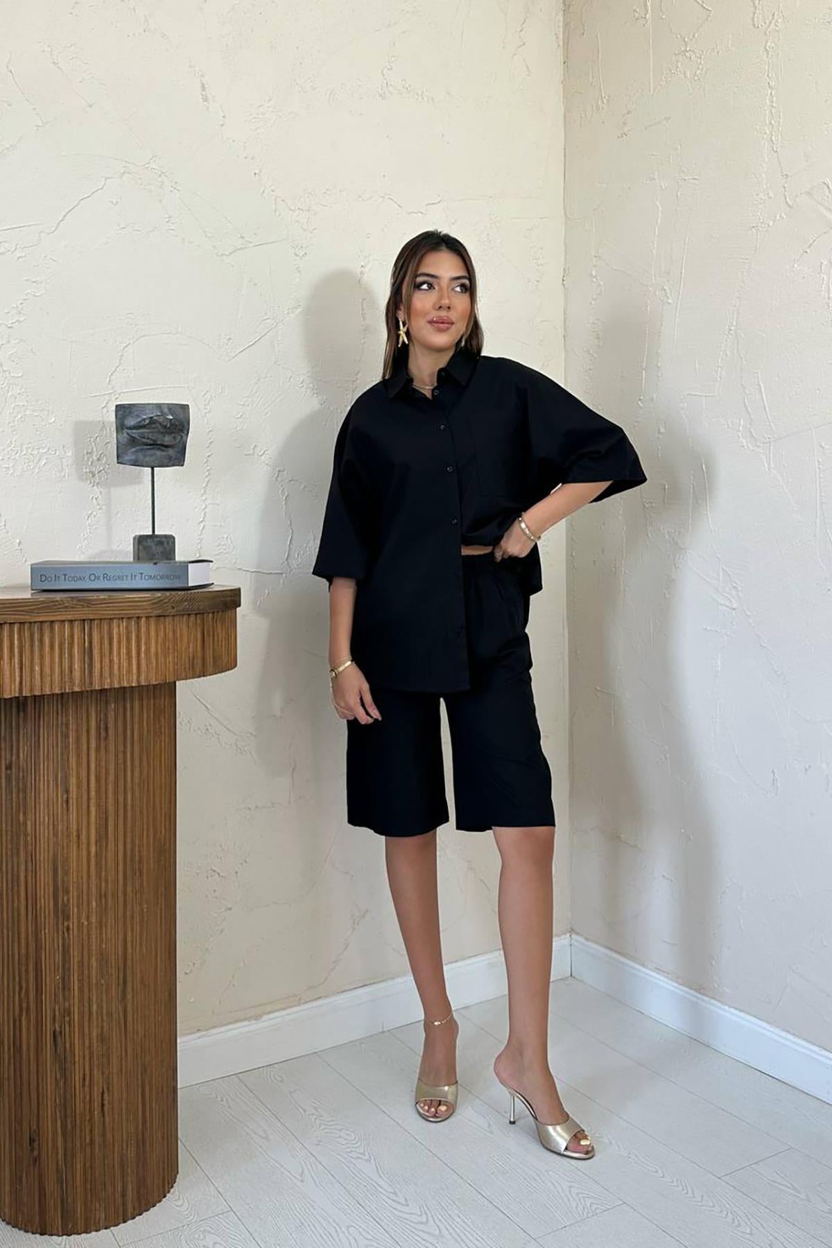 Toptan Siyah Kısa Kollu Keten Gömlek Ve Şort Takım Siyah L